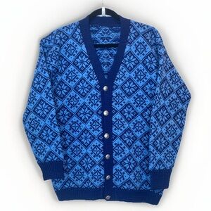 Vintage Norwegian Cardigan Sweater Large V-Neck Wool Blue Heavy Knit Winter